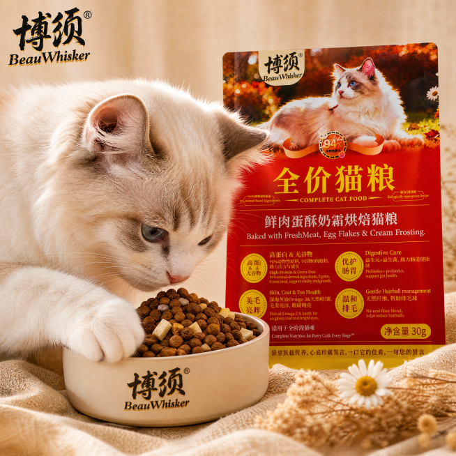[主图-5] 美国卷耳猫进食特写：一只耳朵卷曲的美卷猫正用前爪轻拨食盆中猫粮，表情专注可爱，毛色奶油白带浅棕斑。食盆前方摆放博须包装袋，清晰可见品牌与卖点。背景为米白色亚麻布+干花装饰，简约清新。[光预览效果