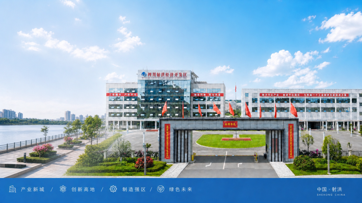 参考用户上传的东滨广场实景图，将原图左侧背景替换为这个真实的射洪东滨广场景观，保留原图的半透明渐变效果，保持整体构图、建筑、文字和蓝天白云完全不变，风格融合自然一致预览效果