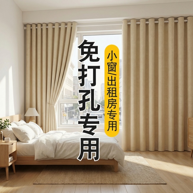 保留这款米白色免打孔窗帘的面料材质，将场景切换为现代极简风出租屋卧室，调整窗帘展示角度，保留“免打孔专用 小窗/出租房专用”文字，风格适配简洁通透的出租屋卧室氛围预览效果