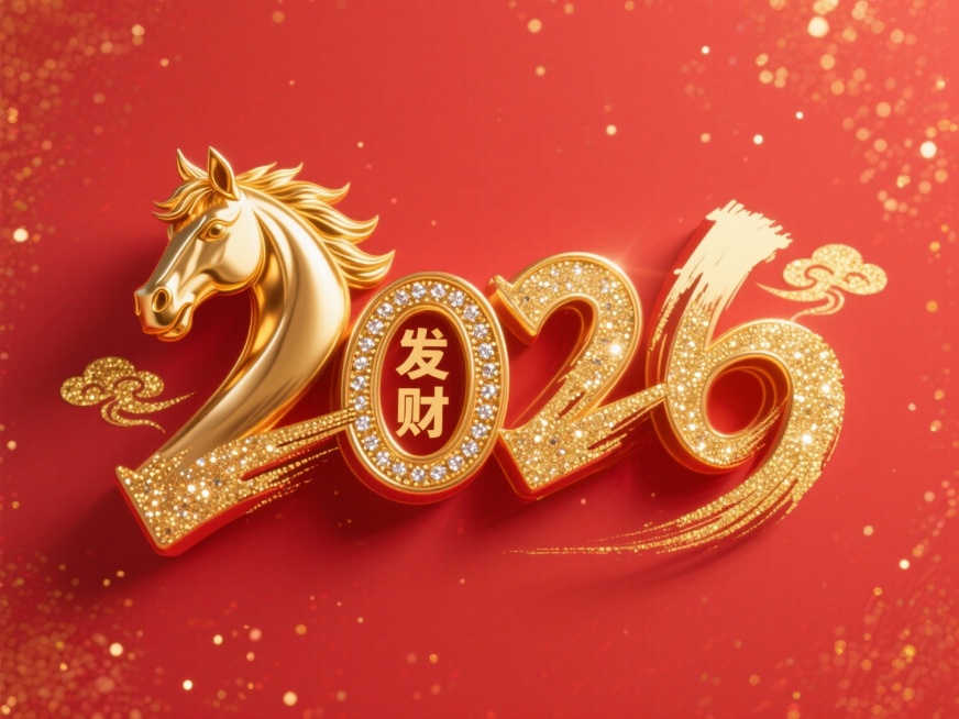 “2026” 立体艺术字，连贯的装饰性字体：首个数字 “2” 融合为金色马首，数字 “0” 内部嵌入 “发财” 字，红色平面背景中，金色闪粉与金色金属的材质布满金色细闪小钻；金色用于马首鬃毛、字边缘带预览效果