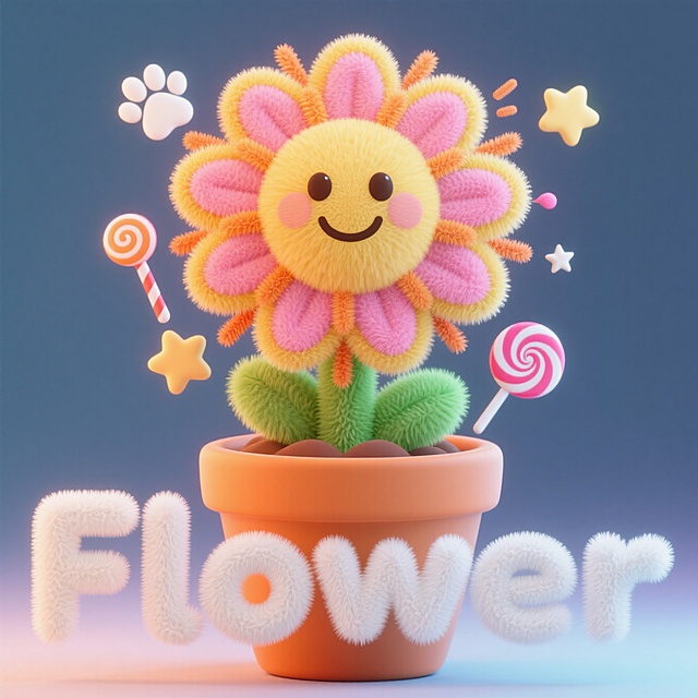 3D卡通风格，拟人化花朵，毛发生长质感，可爱感十足，点缀糖果与星星。