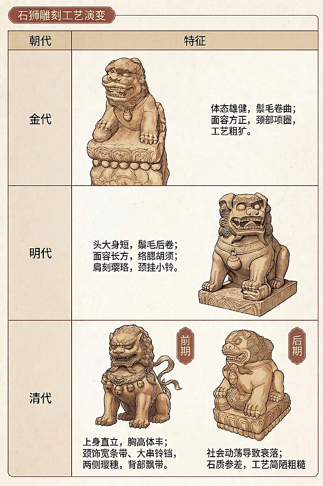 修改这张表格图片，在清代右侧石狮下方添加文字'社会动荡导致衰落；石质参差，工艺简陋粗糙'，并把清代第一个石狮标注为前期，第二个石狮标注为后期。保持整体复古国风手绘风格不变。