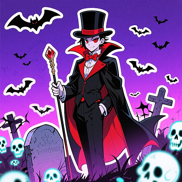 哥特风格与动漫风融合，神秘感十足的吸血鬼角色立于墓地，霓虹灯色调点缀，蝙蝠与骷髅环绕，酷炫又充满卡通感。