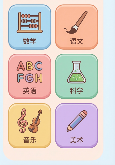 参考图中的排版，重新清晰生成六个学科圆角方形图标：数学、语文、英语、科学、音乐、美术，保持相同布局结构，修正音乐图标错误（替换为对应音乐元素，比如音符或小提琴），提升清晰度，保持原清新马卡龙配色和简约预览效果