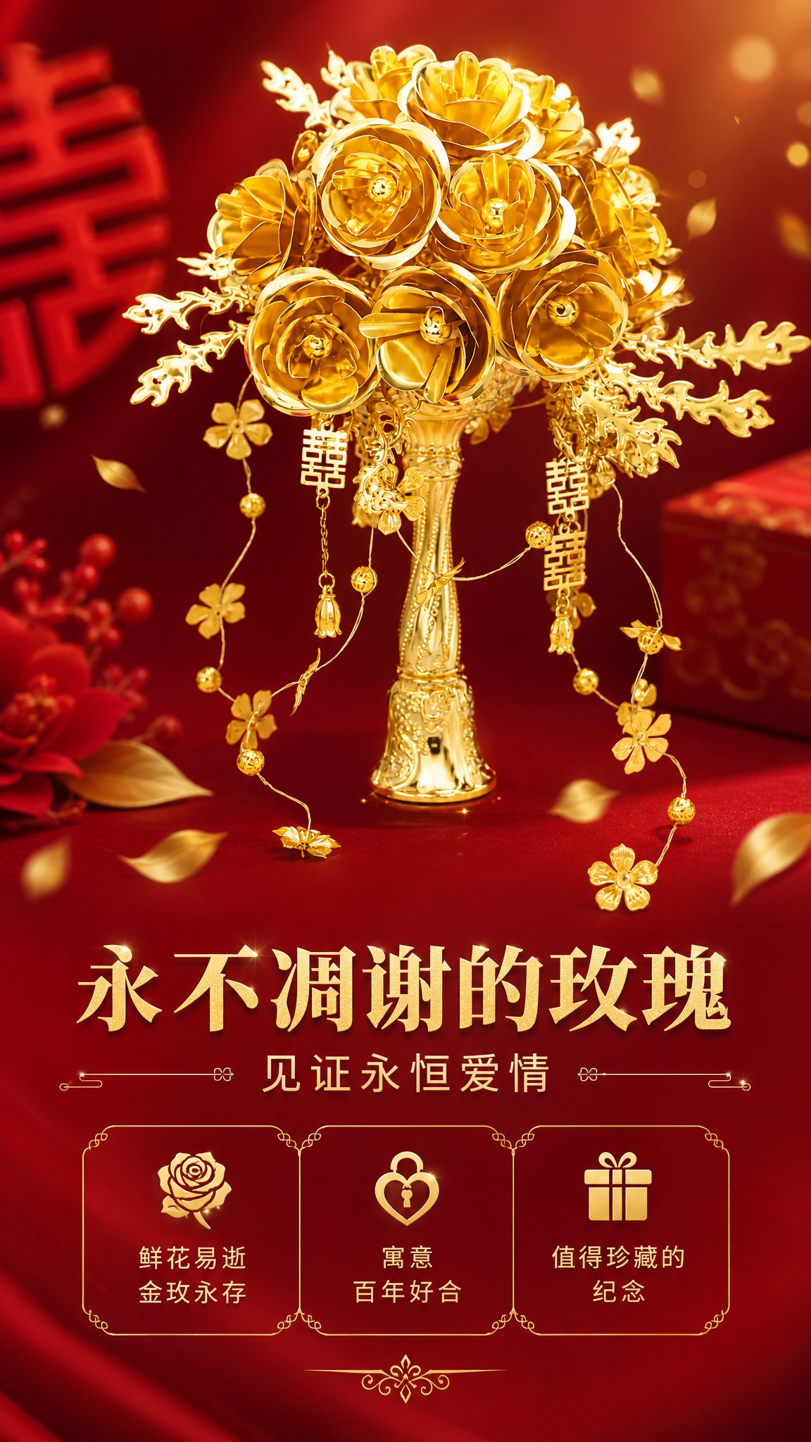 [商品] 使用【图1】金色玫瑰手捧花摆件（婚庆喜字款）；保留金… - 图片创意预览
