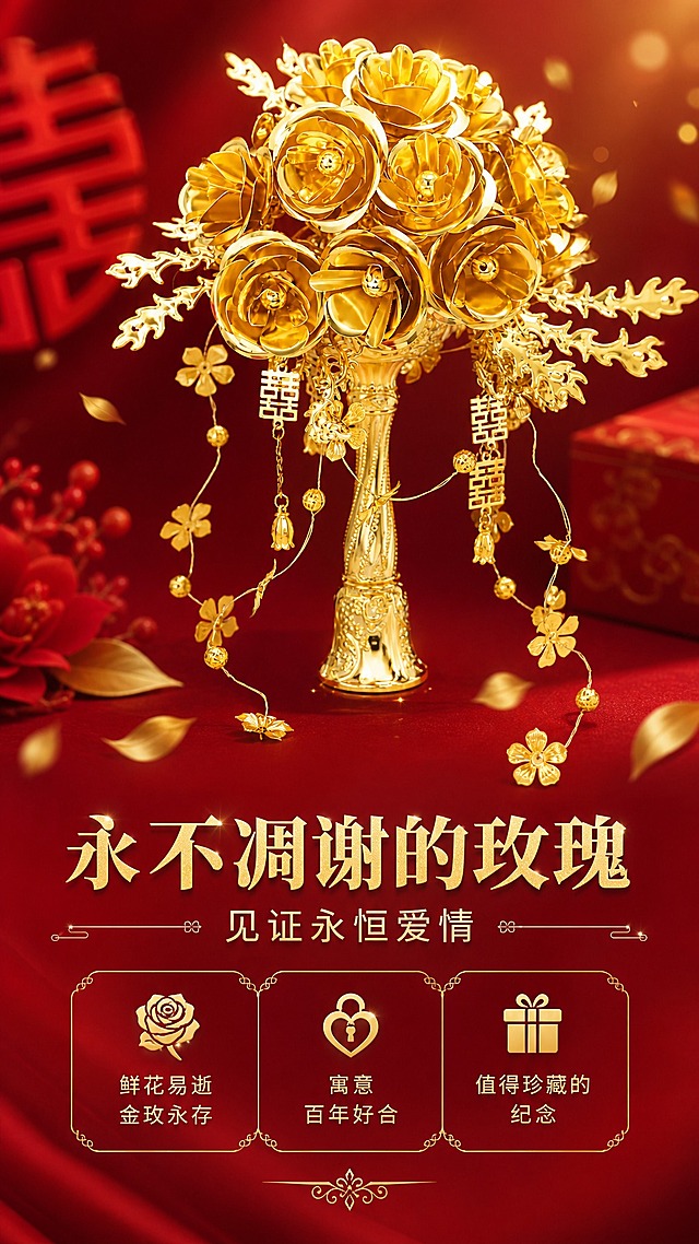 [商品] 使用【图1】金色玫瑰手捧花摆件（婚庆喜字款）；保留金色金属质感、立体玫瑰花造型、喜字流苏吊坠结构；重点突出喜字吊坠细节，增强金属光泽，不改变商品本体结构与颜色。
[画面] 目标为寓意卖点展示，突出「永不凋谢的玫瑰」情感价值。上下构图，上方手捧花占画面50%，微侧角度，喜字流苏吊坠自然垂落清晰可见；背景深红色渐变，搭配金色光效与飘散的金色花瓣元素，营造浪漫永恒氛围；下方留白放文案，整体氛围温馨浪漫。
[视觉] 套系策略：风格=中式轻奢婚庆商业摄影；标题字=粗宋黑体+烫金效果；正文字=简洁无衬线体；主色=正红+金色；背景延展=基于正红做深浅渐变、绸缎质感、同色系婚庆道具延展；强调色=香槟金，仅用于小面积图标、引线和标签；标题色=烫金色；正文色=米白色；组件=圆角金边信息卡、细线引线、中式纹样装饰；光影=左前侧暖柔光，右侧补光，金属高光清晰。
[文字] 下方主标题「永不凋谢的玫瑰」，副标题「见证永恒爱情」，配3个情感卖点「鲜花易逝 金玫永存 / 寓意百年好合 / 值得珍藏的纪念」；文字横向排版，居中对齐，不遮挡主体。
[规格] 图片比例9:16竖版，4K，避免变形、错字、文字过小、冷蓝背景、商品颜色改变、结构失真、极限词。