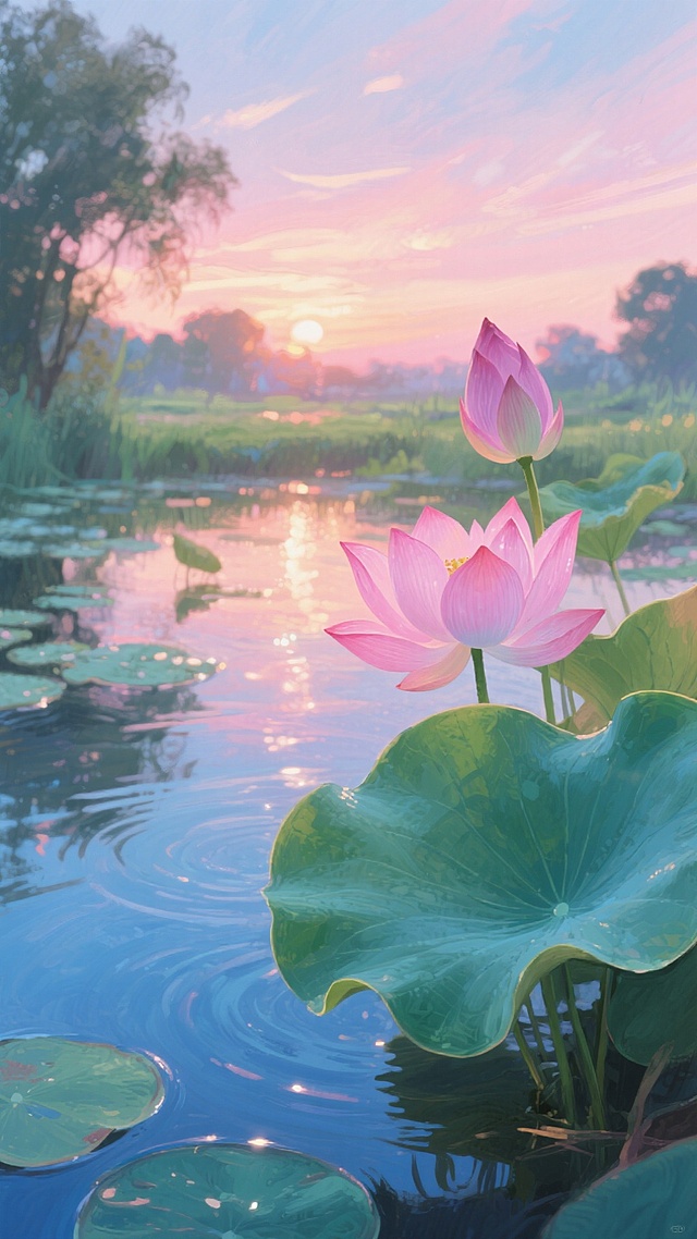 梦幻水彩风插画，粉荷映夕照，静谧湖面泛柔光，虚拟自然中的唯美诗境。
