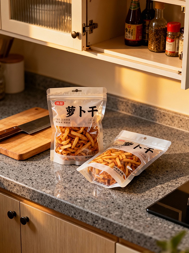 家庭厨房桌面场景，灰色人造石台面上斜放两袋袋装萝卜干，一袋正面展示，一袋侧面展示，包装袋为透明开窗设计能看到里面的萝卜干，旁边放着一个木质砧板和一把菜刀，背景有打开的橱柜和调味瓶，暖黄色灯光照射，营造温馨居家氛围