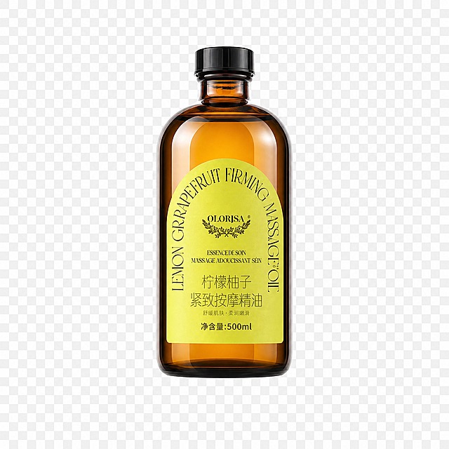 产品精修，产品置于透明背景上，专业商业棚拍光，5500K标准中性白光，轮廓光，体积光，曝光正确，强烈真实立体感，净化杂乱倒影、脏反射、环境色污染和黑块反射，透明材质保留真实折射与透明层次，完全无阴影，无接触阴影，无投射影，无地面阴影，无闭塞阴影，无倒影，商品像干净抠图贴在透明背景上，主体居中，商品完整入画不裁切，商品外轮廓视觉体量约画面60%-80%，四边均匀留白约10%-20%，严禁满幅铺满与贴边顶满，极致超清画质，细节清晰锐利，商业级实拍质感，保留原图真实材质与结构细节，明显提升商品表面洁净度，清理灰尘、污渍、指纹、油污、胶痕和霉点，让表面从脏旧发闷变为干净可售卖状态，修复划痕、磨损、掉漆、飞边毛刺和使用旧痕，翻新为干净商业新品感，基于原图材质恢复纹理、颗粒、折射、高光、柔韧折痕、透明边线或工艺细节，避免糊成塑料感，锁定原图商品颜色，颜色以输入图为唯一参考，分段部件颜色边界按原图锁定，锁定原图商品轮廓、件数、部件位置、连接关系、标签文字和可见功能细节，只做精修不重绘结构，单图多主体按原图顺序逐个拆分精修，当前图只保留左上角的柠檬柚子紧致按摩精油瓶主体，移除其他所有商品主体和背景杂物，拆分后每张图保持同画幅、同主体大小、同居中留白、同背景、同光影和同系列感，瓶身、瓶盖、瓶肩、标签结构与原图一致，瓶身文字与Logo零改写，禁止改变瓶型、盖型或标签排版，瓶身玻璃：玻璃·高透容器质感，折射边线清晰，透明层次自然，瓶内液体：有色透明/内容物质感，颜色通透均匀，标签：哑光纸质质感，柔和漫反射，低高光，正视图，标准透视校正，正常透视焦段，保持同类机位，比例1:1