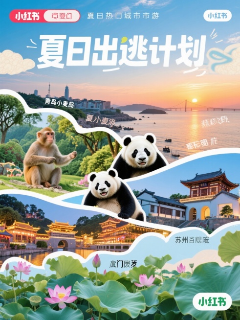 夏季热门城市旅游小红书封面，包含青岛小麦岛日落、贵阳黔灵山猴子、成都大熊猫、西安大唐不夜城灯光、厦门鼓浪屿、苏州拙政园荷花等元素，整体色彩明亮清新，画面丰富有层次感，上方有“夏日出逃计划”文字预览效果