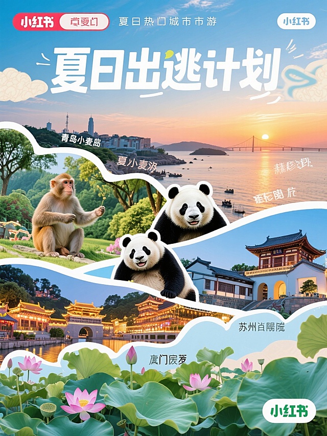 夏日清新实景，中式建筑与拟人熊猫、猴子共舞，插画风融合自然美景。