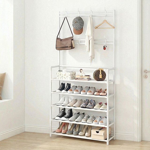 以图1为背景，对后续图片分别进行溶图操作，不要改变后续图片中鞋帽架的结构、层数、材质、比例