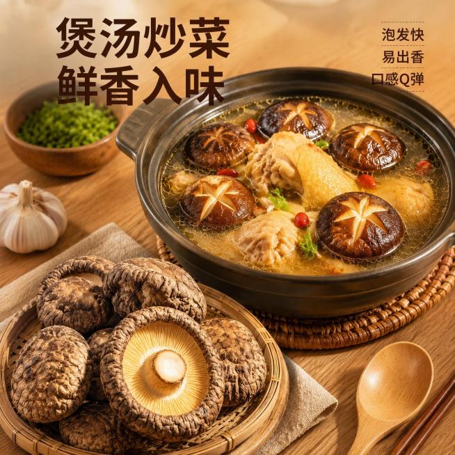 [主图-4] 调整为1:1正方形比例的干香菇烹饪场景主图，保留全部原有文字内容和产品构图
[调整要求] 保持产品外观、文字内容、配色风格和所有信息完全不变，仅裁剪调整为1:1正方形构图，保证砂锅成品、预览效果