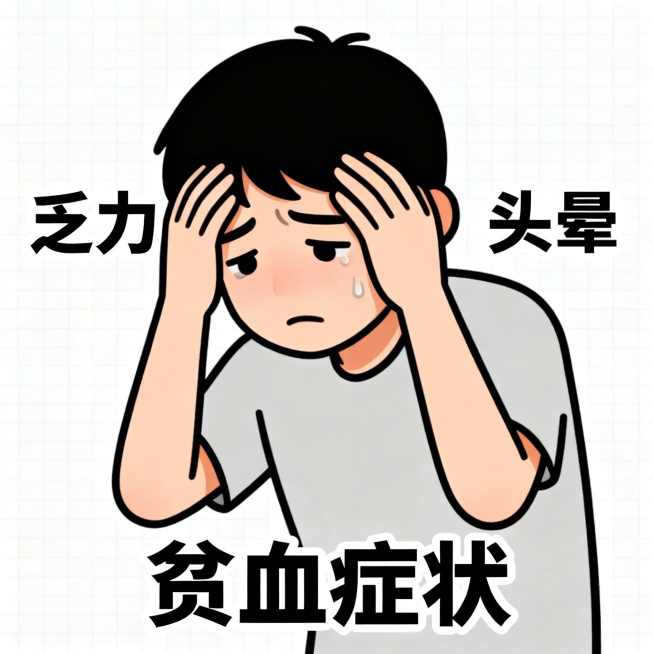 科普示意图，展示乏力贫血症状：人物表现出疲劳、头晕状态，脸色苍白，卡通风格，简洁直观，医学科普预览效果