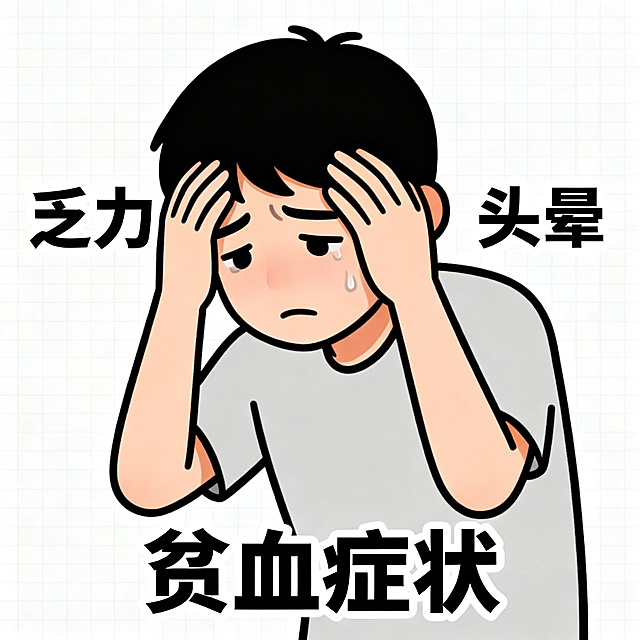科普示意图，展示乏力贫血症状：人物表现出疲劳、头晕状态，脸色苍白，卡通风格，简洁直观，医学科普