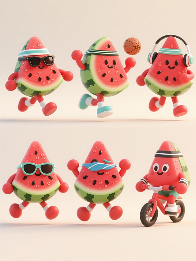 6个不同样式的西瓜运动小人，每个都是3D卡通风格，圆润可爱的西瓜切片造型，戴着不同运动装备（如墨镜、运动发带、耳机等），身体呈现不同运动姿态（如跑步、跳跃、打球、游泳、瑜伽、骑行），红色瓜瓤带黑色西瓜籽，绿色带深绿色条纹的瓜皮边缘，四肢为红色小圆球，表面有晶莹水珠和清凉光泽感，浅色背景，上下两行各3个整齐对齐排列，整体画面明亮欢快，充满夏日活力，细节丰富，立体感强，光感柔和。