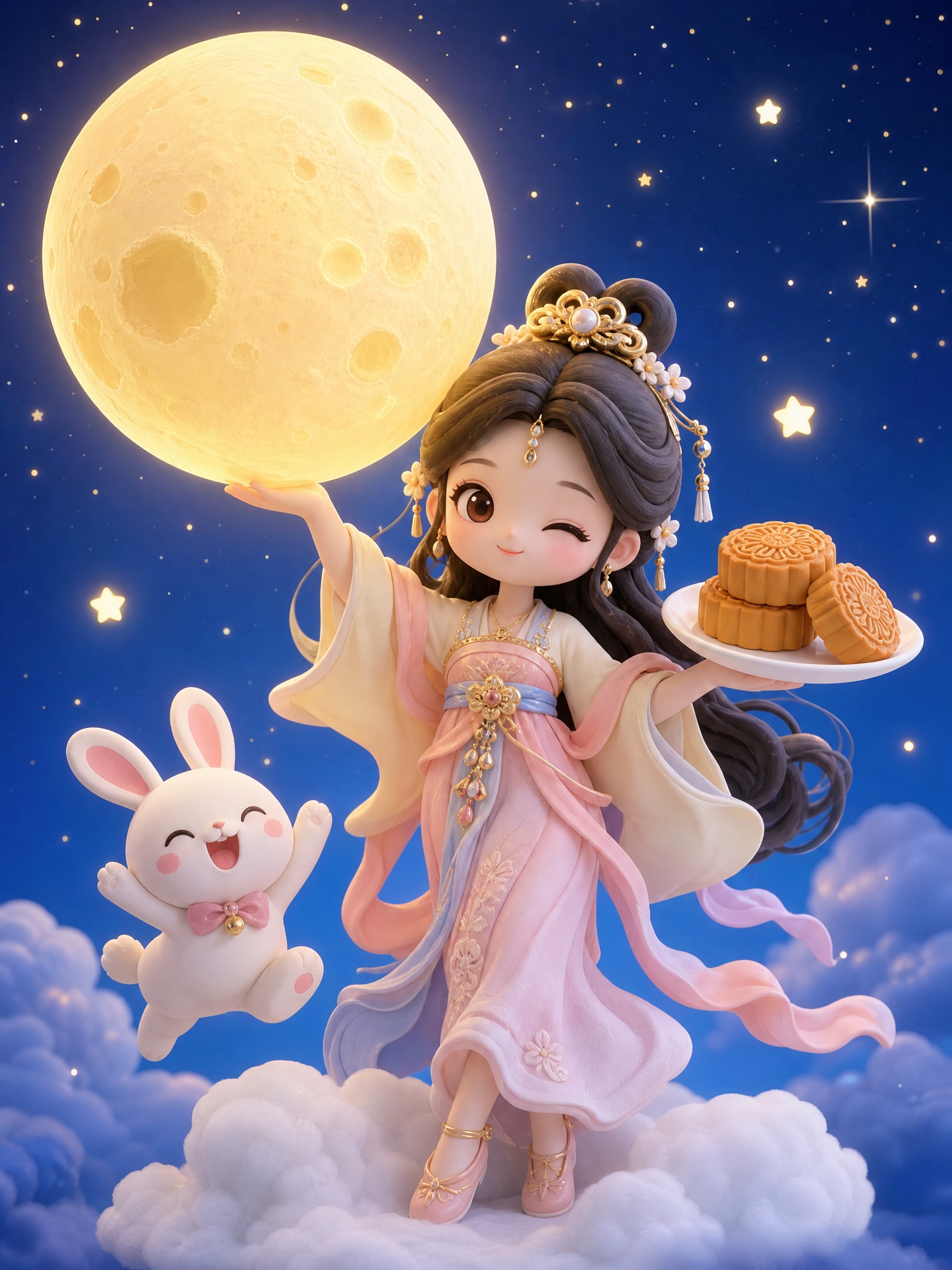 黏土风3D立体风格，古风装扮的嫦娥仙子，一只手撑着一个超大的发… - 图片创意预览