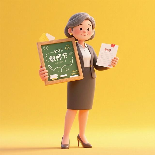 中年女教师（拿教师节贺卡、作业，穿高跟鞋），全身，元素完整。黄色渐变背景