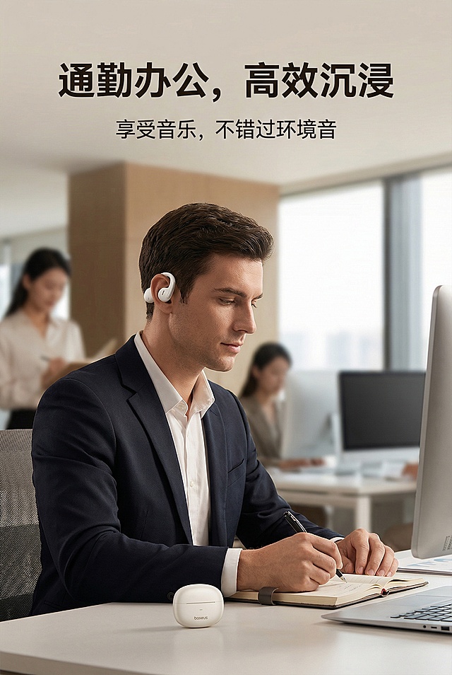 【第十一屏：场景展示——运动】
中文提示词： 一张2:3竖版的电商详情图，展示生活方式场景。一个年轻男性在明亮的健身房跑步机上跑步，戴着“倍思”开放式蓝牙耳机，神情专注且充满活力。画面捕捉动感瞬间，汗水从额头滑落。主标题“运动搭档，释放能量”，副标题“音乐与运动，激情碰撞”。整体色调充满活力，光线明亮，色彩饱和度高。严格还原上传的产品图，包括包装设计、颜色、LOGO位置、文字内容、图案元素等所有细节，保持产品的真实哑光质感。 负面提示词： 人物表情痛苦，场景不真实，产品佩戴不清晰，光线昏暗。

【第十二屏：场景展示——通勤/办公】
中文提示词： 一张2:3竖版的电商详情图，展示生活方式场景。一个商务人士在现代化的办公室里，戴着“倍思”开放式蓝牙耳机，一边听着会议内容一边做笔记，显得非常专注。背景是模糊的办公环境，突出人物。主标题“通勤办公，高效沉浸”，副标题“享受音乐，不错过环境音”。整体氛围安静、专业，色调沉稳。严格还原上传的产品图，包括包装设计、颜色、LOGO位置、文字内容、图案元素等所有细节，保持产品的真实哑光质感。 负面提示词： 场景杂乱，人物姿态不自然，光线昏暗，产品不突出。

【第十三屏：场景展示——休闲】
中文提示词： 一张2:3竖版的电商详情图，展示生活方式场景。一个女孩在阳光明媚的公园长椅上，戴着“倍思”开放式蓝牙耳机，一边看书一边享受阳光和音乐，神情惬意放松。画面色彩温暖、明亮，充满幸福感。主标题“休闲时光，沉浸音乐”，副标题“自由聆听，惬意生活”。严格还原上传的产品图，包括包装设计、颜色、LOGO位置、文字内容、图案元素等所有细节，保持产品的真实哑光质感。 负面提示词： 人物表情不自然，画面色调阴冷，与产品无关的元素过多，光线刺眼。

【第十四屏：规格参数表】
中文提示词： 一张2:3竖版的电商详情图，采用精致的信息图表风格。画面设计成一个干净、清晰的参数表格，背景为浅灰色，表格线条纤细。表格中列出“倍思”开放式蓝牙耳机的各项核心参数，如“蓝牙版本”、“续航时间”、“防水等级”、“重量”等。主标题“详细参数，一目了然”，字体醒目。表格设计美观，使用与整体风格统一的字体和配色。严格还原上传的产品图，包括包装设计、颜色、LOGO位置、文字内容、图案元素等所有细节，保持产品的真实哑光质感。 负面提示词： 表格设计丑陋，文字模糊，信息排版混乱，背景有多余元素。

【第十五屏：售后与包装】
中文提示词： 一张2:3竖版的电商详情图，建立品牌信任背书。画面展示“倍思”开放式蓝牙耳机的完整包装，旁边整齐地摆放着耳机、充电线、说明书等配件。背景为干净的浅灰色，光线柔和均匀。画面上方是主标题“官方正品，安心之选”，下方是副标题“一年质保 | 专业客服 | 品质承诺”。整体设计给人以专业、可靠的感觉。严格还原上传的产品图，包括包装设计、颜色、LOGO位置、文字内容、图案元素等所有细节，保持产品的真实哑光质感。 负面提示词： 包装展示不完整，配件摆放混乱，文字信息不清晰，背景杂乱。