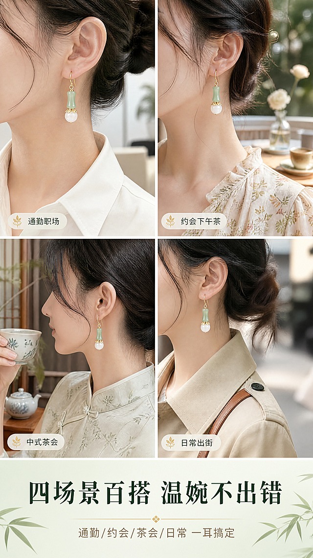 [商品] 使用【图1】节节高升耳环；保留竹节形浅绿色仿玉珠、白色圆珠、金色耳钩的结构与颜色；重点修正：白色圆珠顶部的金色连接件为花瓣形花托/花片造型（带花瓣边缘的金色帽托，不是光面圆环），花托花瓣轮廓清晰，与实物一致；每格场景中的耳环保持原貌，仅做佩戴效果合成。
[画面] 目标：场景种草，展示多场景百搭属性。构图：2×2四宫格拼图，每格一个场景，底部通栏放标题文案。四格分别为：左上-通勤职场（白衬衫领口局部+耳环佩戴特写，花托细节清晰），右上-约会下午茶（碎花裙肩部+耳环），左下-中式茶会（茶席背景+手持茶杯侧耳特写），右下-日常出街（风衣领口+耳环）；每格都有亚洲女性耳部佩戴效果，自然真实。
[视觉] 套系策略：风格=新中式国风轻奢商业摄影；标题字=宋体衬线粗体；正文字=简洁无衬线体；主色=浅豆绿+米白+暖金；背景延展=基于米白和浅豆绿做深浅层级、同色渐变和细腻质感；强调色=暖金色，仅用于小面积图标、引线和标签；标题色=深墨绿；正文色=暖灰褐；组件=细线分隔、圆角浅底信息卡、竹叶小图标；光影=每格均为暖柔自然光，整体色调统一。
[文字] 底部通栏横排：主标题"四场景百搭 温婉不出错"，副标题"通勤/约会/茶会/日常 一耳搞定"，每格角落标注场景名称小字，文字清晰可读。
[规格] 图片比例9:16竖版，4K，花托花瓣造型准确，避免变形、错字、文字过小、冷蓝背景、耳环颜色改变、结构失真。