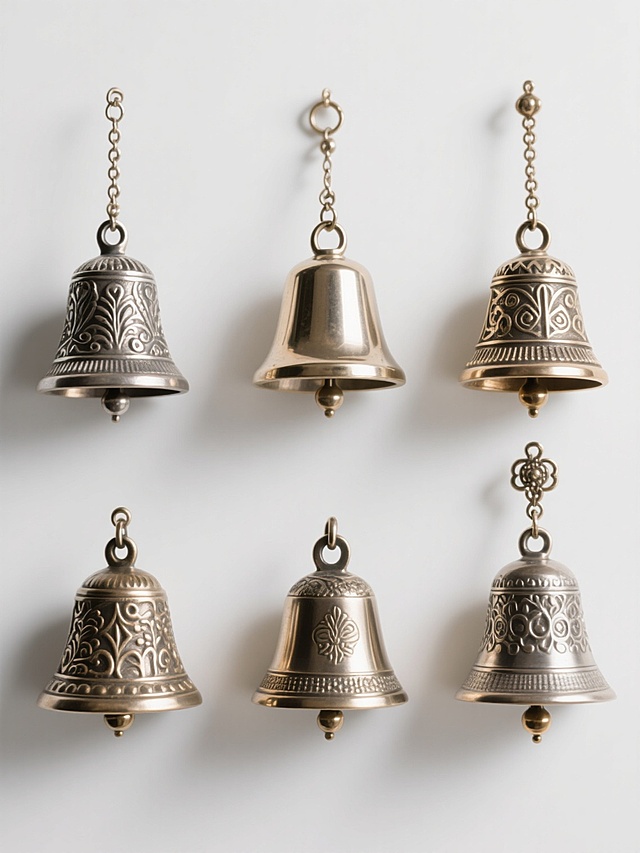 六个不同样式、不同元素、不同配色的金属铃铛，白色背景，排列整齐，每个铃铛具有独特的装饰纹路和吊坠，金属质感强烈，高光和阴影细节丰富，光线从上方均匀照射，铃铛之间保持等距，整体构图对称平衡，清晰展现每个铃铛的形态特征。
