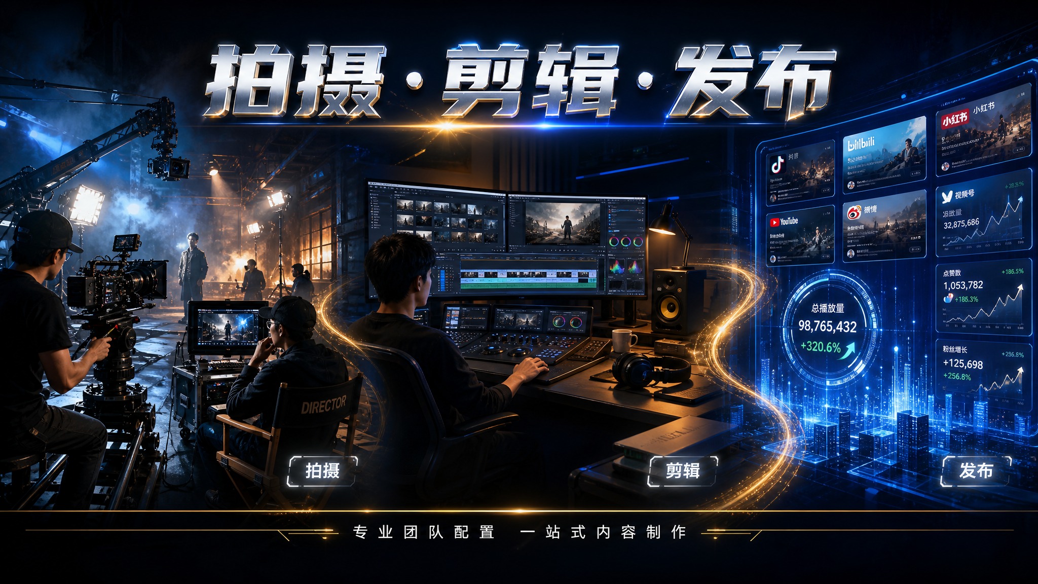 专业内容制作全流程震撼海报，横版16:9，电影级商业设计质感，… - 图片创意预览
