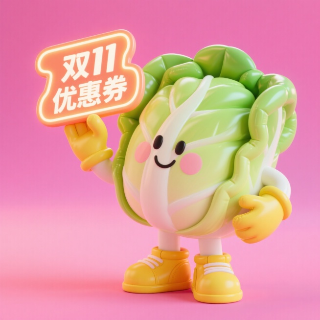 一个拟人的白菜，它戴着黄色手套和鞋子，手举 “双 11 优惠券” 立体牌，造型活泼可爱，粉色背景预览效果