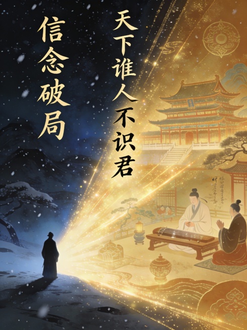 抽象与写意结合。左侧是风雪黑夜中的孤影（象征董大漂泊），右侧一道金色光芒从诗句“天下谁人不识君”中迸发，照亮前路。光中隐约浮现长安城楼、听琴雅集、文人拱手等盛唐文化符号。整体构图左暗右明，形成强烈对比预览效果