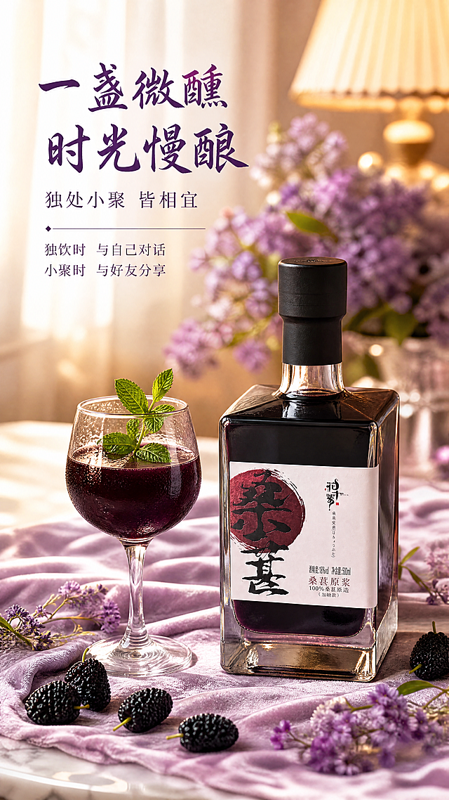 [第5屏] 详情页场景种草屏-花千紫原浆桑葚酒微醺仪式感场景。本屏使用【图1】作为商品主体，参考图3的温馨居家场景风格。
[氛围/风格] 温馨治愈，居家下午茶氛围，暖光柔焦，生活仪式感，商业摄影质感。
[元素布局] 方形桑葚酒瓶置于画面右侧大理石台面上，占比约35%-40%；瓶身结构、标签、黑色瓶盖与输入产品图一致；左侧放一只盛有深紫酒液的高脚杯，杯口点缀薄荷叶；台面铺浅紫丝绒布，散落新鲜桑葚和紫色小花；背景柔焦紫色花束、暖光台灯、白色窗帘，营造温馨居家微醺场景。
[光影质感] 左侧暖黄色窗光漫射，整体柔和温暖，玻璃器皿高光通透，酒液色泽饱满，阴影自然柔和。
[配色色系] 全局底色 #F5EBFA 暖紫柔粉；主色深紫 #6A2E8A；辅助色暖黄、米白、酒红、叶绿。
[视角构图] 45度斜侧俯视，桌面场景化布局，阅读动线左上标题→中间酒杯→右侧酒瓶。
[文字版式] 左上大标题「一盏微醺 时光慢酿」，深紫书法字体；副标题「独处小聚 皆相宜」；下方两行小字：「独饮时 与自己对话」「小聚时 与好友分享」。文字优雅不遮挡主体。
[比例分辨率] 9:16竖版比例，4K分辨率，文字清晰可辨，高清画质。
[负向提示词] 瓶身变形，标签错乱，场景杂乱，水印，人物出现，酒液颜色偏差。