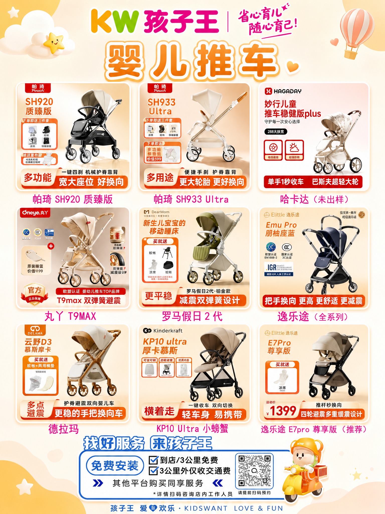 基于上传的孩子王婴儿推车合集海报进行美化重绘，保留原图的9款婴… - 图片创意预览