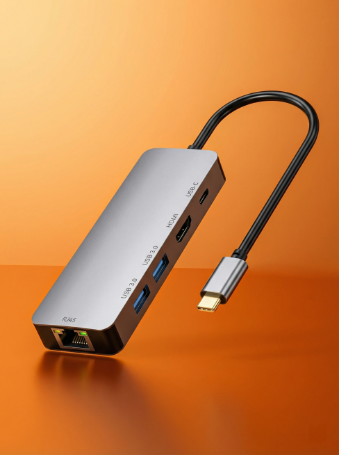 商品详情首图，多接口多功能五合一拓展坞，商品整体展示，高端简约风格，暖橙色渐变背景，金属质感机身，3:4比例，1688平台商品主图，突出产品整体外观预览效果