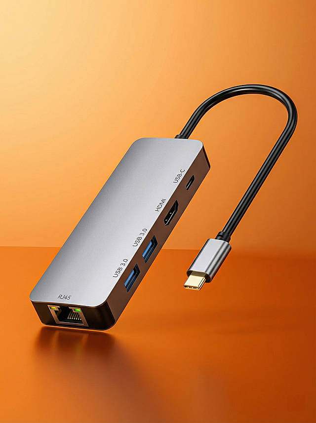 商品详情首图，多接口多功能五合一拓展坞，商品整体展示，高端简约风格，暖橙色渐变背景，金属质感机身，3:4比例，1688平台商品主图，突出产品整体外观