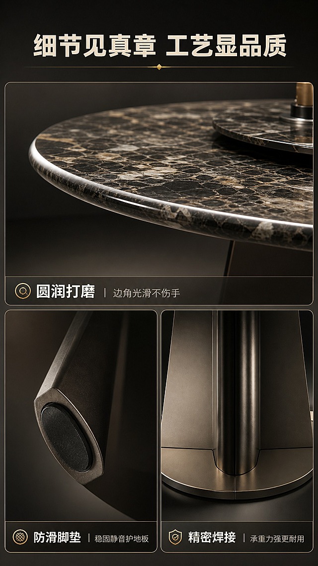 [商品] 使用【图1】意式轻奢微晶石圆形餐桌；重点保留台面边缘打磨工艺、脚架底部细节、全拖底板拼接处；增强工艺细节质感，不改变产品结构。
[画面] 目标：细节工艺页，展示产品各处精细工艺。构图：三宫格布局，上1大+下2小，分别展示不同细节。主体：上图为台面边缘45度特写，展示圆润打磨工艺；左下为脚架底部防滑垫特写；右下为底板与脚架连接细节。产品各部位特写占对应区域约70%，背景统一深色渐变。
[视觉] 套系策略：风格=意式轻奢高级商业摄影；标题字=现代简约粗黑体；正文字=纤细无衬线体；主色=深灰黑+暖棕；背景延展=基于深灰黑与暖棕做深浅层级、同色渐变和细腻石材/金属质感；强调色=香槟金，仅用于小面积图标、引线和标签；标题色=米白色；正文色=浅暖灰；组件=细线信息卡、金属质感引线、圆角标签；光影=侧光突出细节纹理与立体感。
[文字] 顶部通栏标题"细节见真章 工艺显品质"；每格特写下方配说明文字：上图"圆润打磨 边角光滑不伤手"，左下"防滑脚垫 稳固静音护地板"，右下"精密焊接 承重力强更耐用"；文字横排，对应各细节区域。
[规格] 图片比例9:16竖版，4K，避免变形、错字、文字过小、冷蓝背景、产品颜色改变、结构失真、出现平台Logo水印。