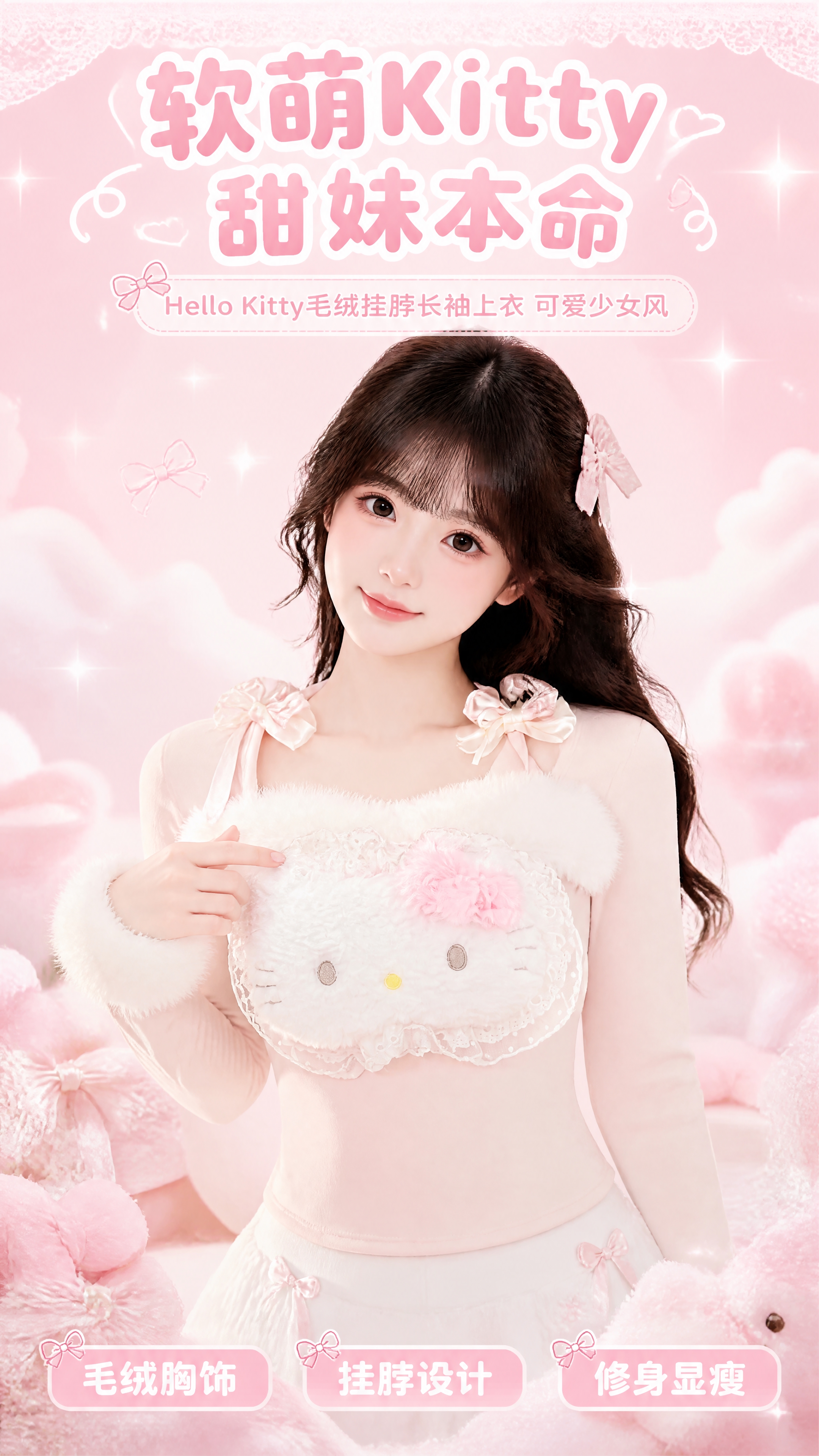 [商品] 使用【图1】浅粉色Hello Kitty毛绒挂脖长袖… - 图片创意预览