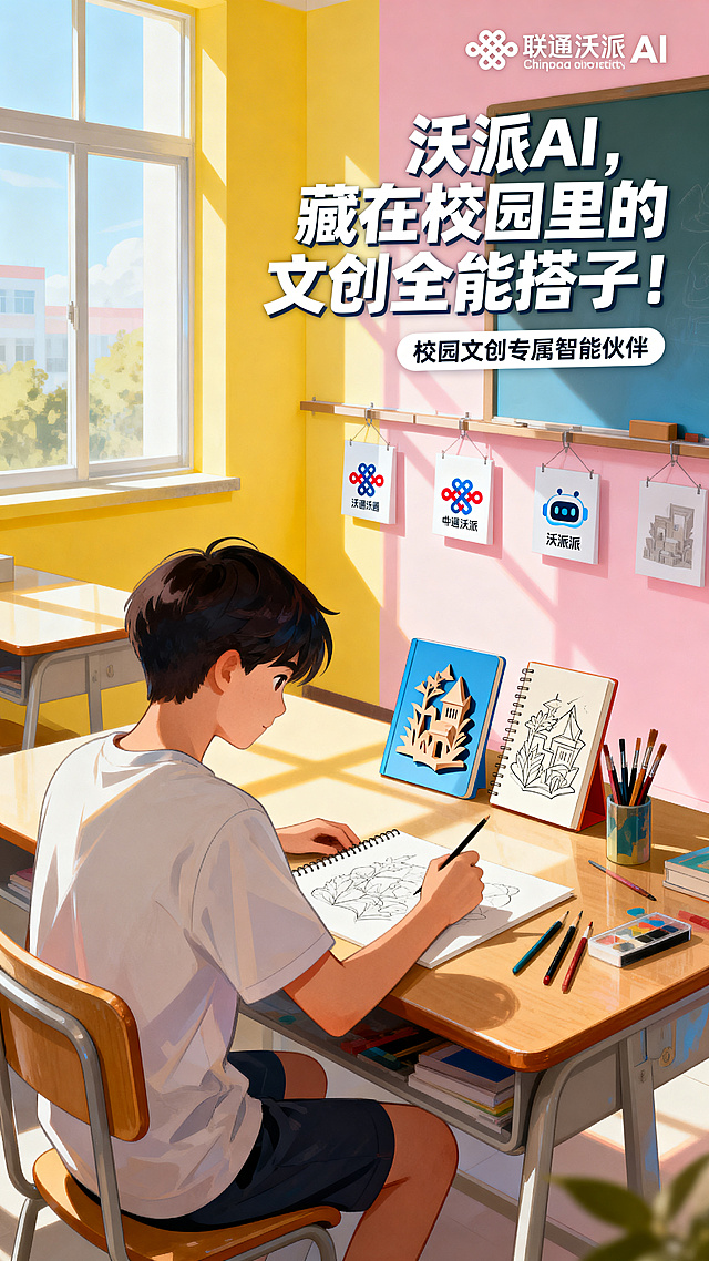 大学校园场景，年轻文创学生在教室里创作，桌面上摆放画笔和文创作品，旁边展示联通沃派AI品牌标识，整体青春活力氛围，突出主题"沃派 AI，藏在校园里的文创全能搭子！"，画面明亮清新，年轻设计感