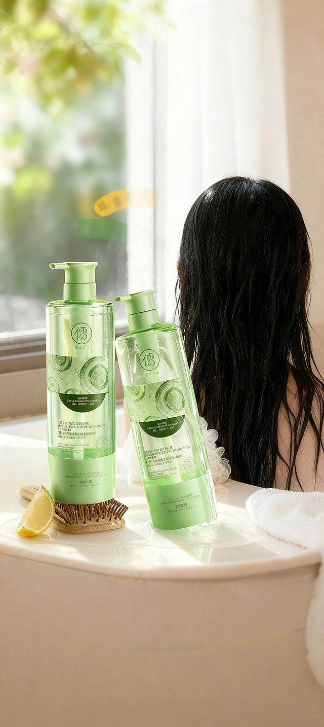 去除图片中所有文字文字，保留洗发水产品、人物、背景和其他元素不做改动，保持原图整体构图和风格不变