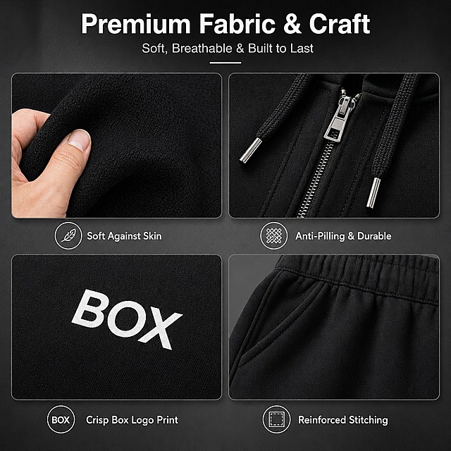 [商品] 使用【图1】黑色BOX印花全开拉链连帽卫衣+阔腿卫裤两件套；商品处理：保留黑色主体、白色BOX印花、拉链、抽绳、口袋、缝线；重点放大面料织纹、拉链五金光泽、印花清晰度、缝线工整度，自然去皱，增强材质真实触感，不改变版型结构。
[画面] 目标：展示面料质感与工艺细节。2×2宫格构图，四格分别展示：①面料微距特写（手指轻触面料表现柔软度）、②拉链+抽绳细节、③BOX印花清晰度特写、④裤腰松紧+侧袋细节；中心或顶部留白放标题；细节图占画面约75%；背景为深灰渐变+细腻织物纹理衬底，每格有柔和投影。
[视觉] 套系策略：风格=跨境极简高级街头商业摄影；标题字=现代无衬线粗体（Helvetica Bold风格）；正文字=简洁无衬线体；主色=深炭黑；背景延展=基于深炭黑做低饱和灰黑渐变、水泥墙面质感、深浅层级模块；强调色=白色（仅用于BOX印花呼应、小面积图标引线标签）；标题色=纯白色；正文色=浅暖灰；组件=细线引线、半透明深色信息卡、极简几何分割线；光影=左前侧柔和自然光，人物与服装有自然阴影。
[文字] 顶部主标题："Premium Fabric & Craft"，副标题："Soft, Breathable & Built to Last"；每格下方配1个短英文卖点："Soft Against Skin"、"Anti-Pilling & Durable"、"Crisp Box Logo Print"、"Reinforced Stitching"；文字横排，字号适中。
[规格] 图片比例1:1方版，4K分辨率，负向提示：避免变形、错字、文字过小、面料失真、印花模糊、过度锐化、颜色偏差、纯白底。