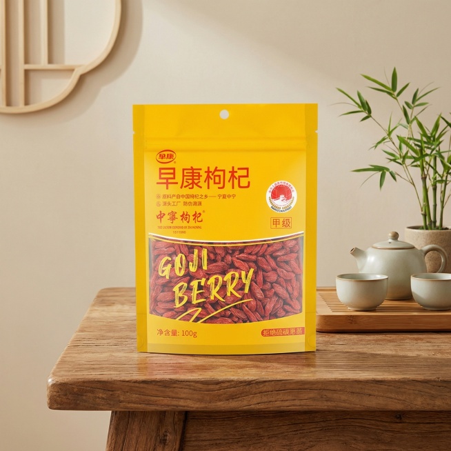 将早康枸杞包装袋放置在带有木质纹理的桌面上，背景布置成简约雅致的新中式风格，搭配浅米色墙面和小型陶瓷茶具，营造出养生、高品质的氛围，突出产品天然健康的属性，提升电商转化率预览效果