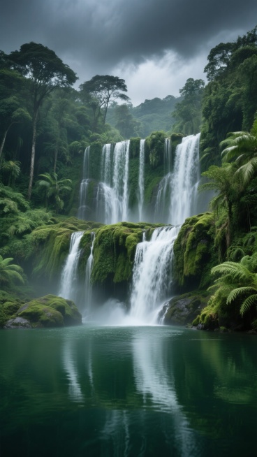 写实摄影风格，壮观的多层瀑布从覆盖着翠绿苔藓的岩石上倾泻而下，水流清澈洁白，撞击底部形成水花与薄雾，周围环绕茂密的热带雨林植被，深绿色的参天古树与蕨类植物，瀑布下方是平静的碧绿深潭，水面倒映着周围景色预览效果
