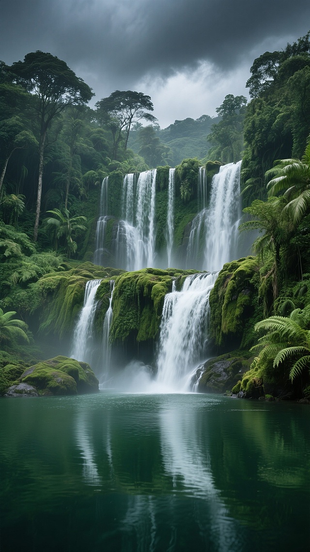 清新自然的瀑布实景，水彩风印象画派手法，展现生机盎然的绿色世界。