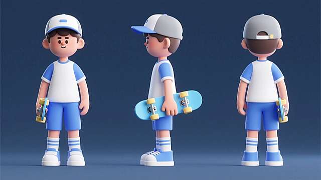 一名运动男孩，头戴遮阳帽手拿滑板，衣服配色为蓝白