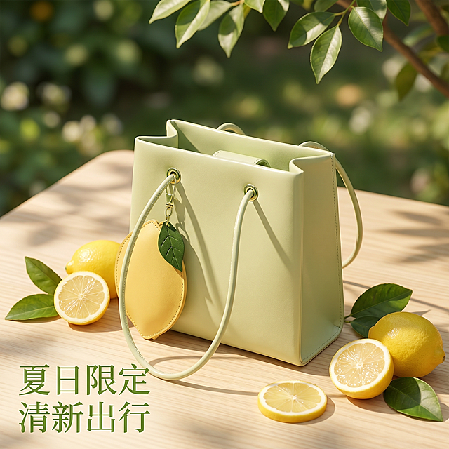 [主图 5] 浅绿色柠檬托特包清新场景展示
[氛围风格] 清新阳光风格，夏日户外氛围感
[画质] 商业摄影质感、光线柔和通透、产品清晰真实、画面干净高级
[元素] 浅绿色托特包放置在浅色木质桌面上，旁边点缀几片新鲜柠檬和绿叶，营造夏日清新氛围。包包整体完整展示，黄色柠檬挂饰清晰可见。保持包包外观（物理结构、材质质感、颜色）与输入产品图绝对一致，杜绝任何变形和色差。桌面干净简洁，背景为模糊的户外树荫，虚化处理突出包包主体。商品主体占比约65%，画面满屏无边框
[光影] 午后斑驳的阳光透过树叶洒下，自然柔和光影，整体温暖清新，突出包包清新质感
[配色] 浅绿包身+黄色柠檬+木色桌面+绿色树荫，整体配色清新自然，夏日感满满，和整套主图风格统一
[视角构图] 俯视平拍，构图简洁干净，包包主体突出
[文字版式] 左下角标注「夏日限定 清新出行」浅绿色艺术字体，不遮挡包包主体
[比例分辨率] 1:1 比例，2k 分辨率，文字清晰锐利，画面超高清
[负向提示词] 变形，水印，文字错乱，产品图模糊，背景杂乱，遮挡主体