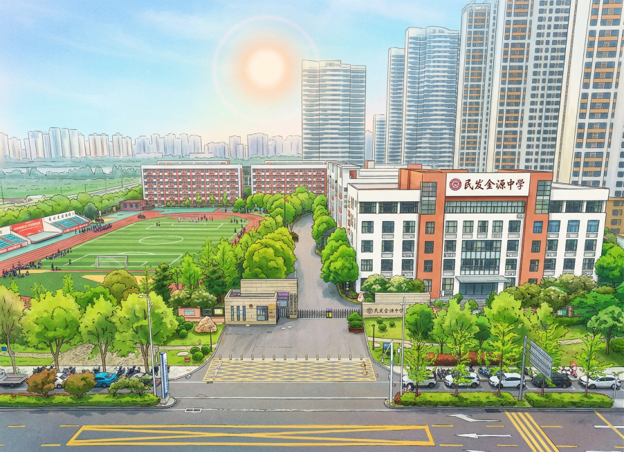 将这张校园图片转换为彩色手绘风格，保留原有的校园建筑、操场、道路、树木等全部元素，画面色彩明亮生动，手绘笔触自然柔和预览效果