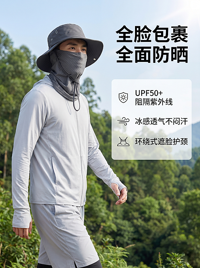 [详情页 1] 全脸全面防晒功能展示详情页。氛围风格：户外场景，功能展示清晰。画质：商业摄影质感、光线柔和通透、产品清晰真实、画面干净高级。元素：年轻亚裔男生穿着浅灰色运动衣，戴着深灰色渔夫帽和全包裹防晒面罩，在户外徒步，人物位于画面左侧，右侧文字区域，保持产品颜色材质结构与原图完全一致，杜绝变形色差。画面整体比例3:4，人物主体占约60%，满屏无边框。光影：上午户外自然光，明亮通透，突显产品防晒功能。配色：产品深灰，背景绿色山林，清新自然。视角构图：平视中景，人物完整无裁切，层次分明。文字版式：顶部大标题大字“全脸包裹 全面防晒”，最大号粗体；右侧竖向排列卖点：UPF50+ 阻隔紫外线 冰感透气不闷汗 环绕式遮脸护颈，每个卖点配小图标，清晰易读，符合拼多多风格。比例分辨率：3:4 比例，2k 分辨率；文字清晰锐利，画面超高清。负向提示词：变形，水印，文字错乱，产品图模糊，背景杂乱。
