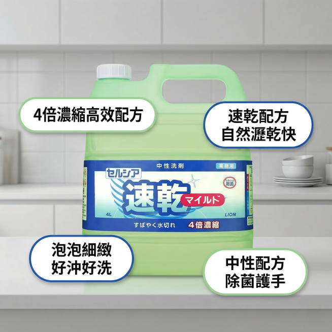 LION獅王中性濃縮洗碗精核心卖点主图，氛围风格为舒适简约家居明亮风。画面元素：洗碗精产品居中摆放，周围环绕错落排列的胶囊卖点标签，背景为干净浅灰白色厨房背景，全屏无边框，产品外观和原图保持一致。配色预览效果
