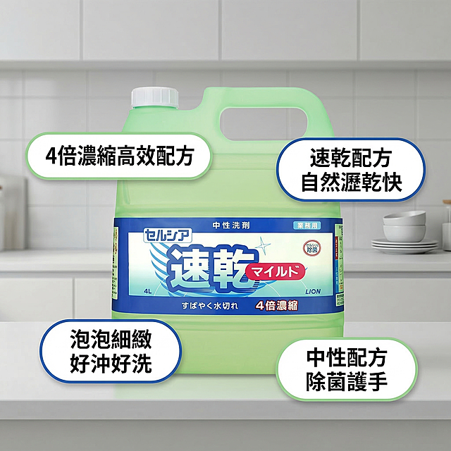 LION獅王中性濃縮洗碗精核心卖点主图，氛围风格为舒适简约家居明亮风。画面元素：洗碗精产品居中摆放，周围环绕错落排列的胶囊卖点标签，背景为干净浅灰白色厨房背景，全屏无边框，产品外观和原图保持一致。配色色系：主色调浅灰白，搭配产品浅绿色与品牌蓝，清新干净。文字版式（全部使用繁体中文）：产品居中，四个卖点标签环绕：「4倍濃縮高效配方」「速乾配方 自然瀝乾快」「泡泡細緻 好沖好洗」「中性配方 除菌護手」，字体为简约无衬线繁体，排版错落不遮挡产品主体，符合1:1比例平台规范。