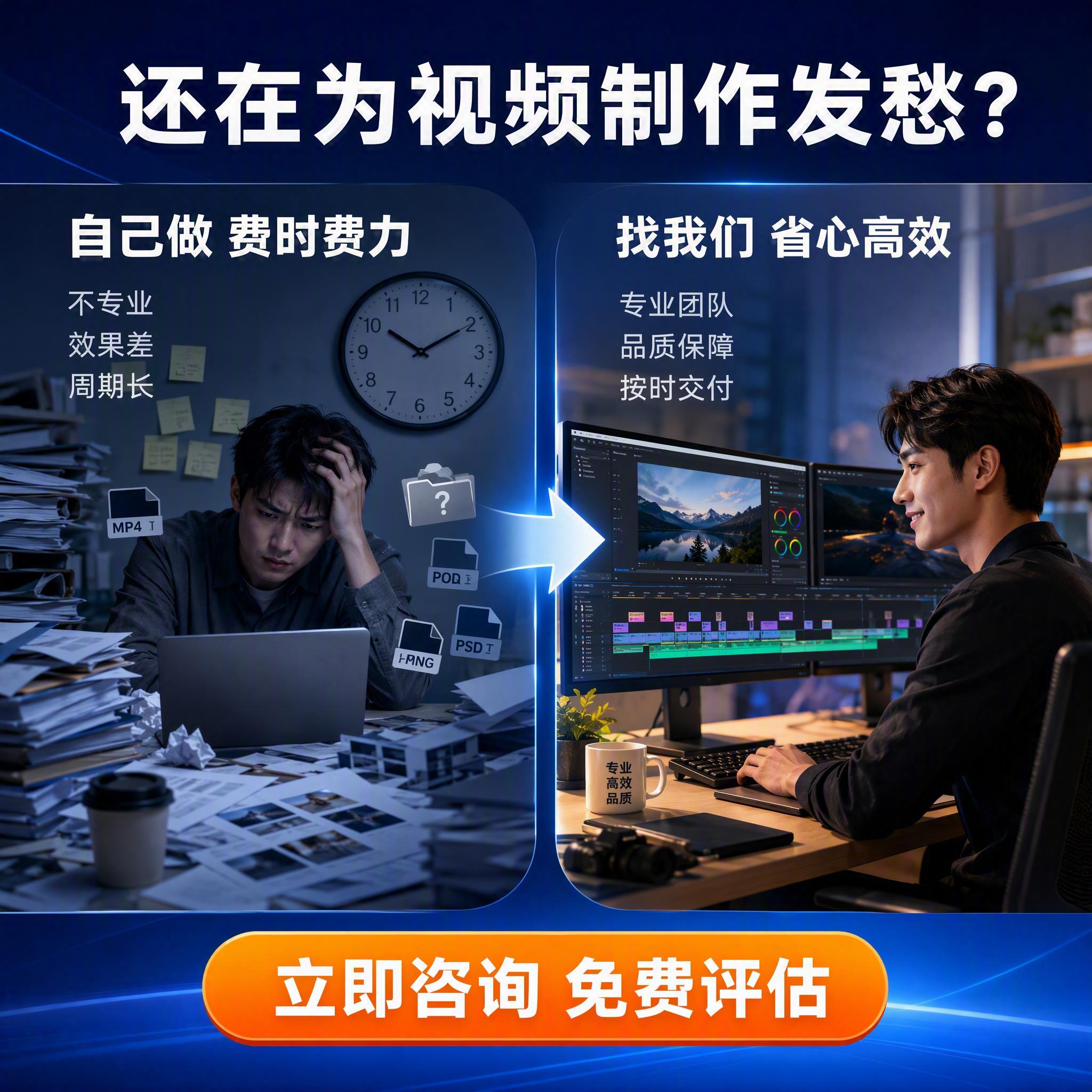 [主图-2] 痛点与目标场景图，核心任务是还原视频制作中的常见… - 图片创意预览