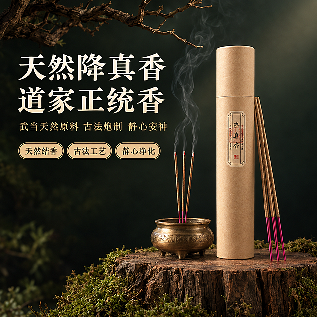 [主图-1] 首图点击率 天然降真香线香 产品主视觉展示
[统一基调] 高级暗调新中式禅意风格，深墨绿色渐变背景，柔和侧逆光营造氛围感，木质枯枝干苔藓道具，整体色调沉稳雅致，主标题用米白色宋体大字，副标题用浅金色小字，信息卡片用深棕描边圆角样式，全套视觉统一。
[画面] 画面中央偏右位置放置降真香线香产品，包含一支竖立的牛皮纸筒包装（保持原图外观：米黄色牛皮纸筒身，正面贴有竖版标签，标签上有黑色'降真香'三字及红色印章装饰），旁边斜靠数支线香（香身棕褐色，香脚紫红色），前方放置一个古铜色小香炉，炉中插三支点燃的线香，有袅袅青烟缓缓上升。产品放置在一块古朴的深棕色老木桩上，木桩底部周围点缀绿色苔藓。背景为深墨绿色到黑色的渐变，左上角伸出几根干枯的树枝增加层次感。整体构图为左文右图，左侧留出负空间放置文字。
[光影质感] 商业摄影质感，右侧柔和侧逆光为主光源，左侧辅以弱补光，产品表面有自然的明暗过渡，牛皮纸筒呈现哑光纸质纹理，线香有细腻的木质肌理，香炉有金属光泽，木桩有粗糙木纹，整体光影柔和有层次，营造静谧禅意氛围。
[配色] 背景主色：深墨绿渐变至深灰黑；主标题色：米白色；副标题色：浅金色；点缀色：古铜色、苔藓绿、枯木棕。
[文字版式] 左侧上半部分放置主标题，主标题为两行大字'天然降真香 道家正统香'，米白色宋体加粗，字号最大。主标题下方是副标题'武当天然原料 古法炮制 静心安神'，浅金色小号宋体。再下方排列三个圆角矩形卖点标签，深棕描边浅金填充，分别写'天然结香''古法工艺''静心净化'。文字不遮挡产品主体。
[输出要求] 1:1正方形构图，2K分辨率，产品清晰锐利，文字清晰可读，整体风格统一高级。禁止变形、错字、模糊、杂乱背景、水印、平台Logo。禁止修改产品外观形状。