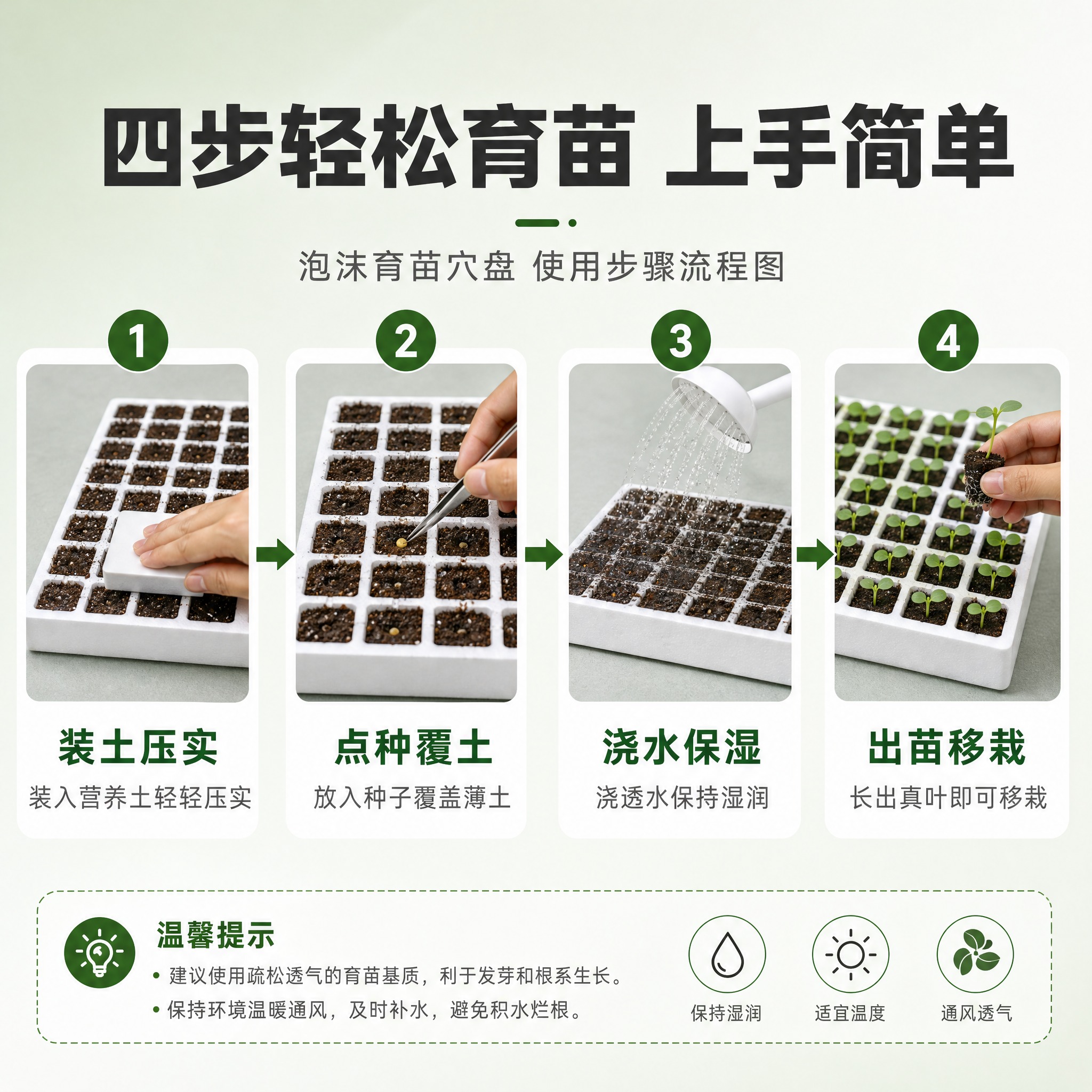 [主图-6] 泡沫育苗穴盘 使用步骤流程图。唯一任务：展示育苗… - 图片创意预览