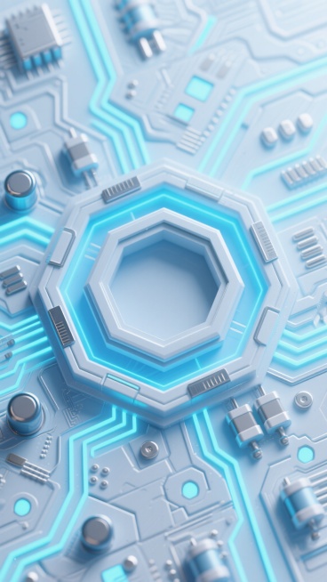 3D渲染的电路板主题科技感背景，整体采用浅蓝与白色为主的冷色调配色方案，光线从电路板边缘的发光元件散发，形成柔和的蓝色光晕和清晰的阴影细节，呈现出高精度的金属与塑料质感，表面有复杂的几何纹路和立体结构。中心区域为一个多层嵌套的六边形凹槽设计，周围环绕着交错的电路路径、凸起的电容电阻元件以及发光的连接节点，整体构图采用对称布局，具有强烈的未来科技感和机械精密感。预览效果